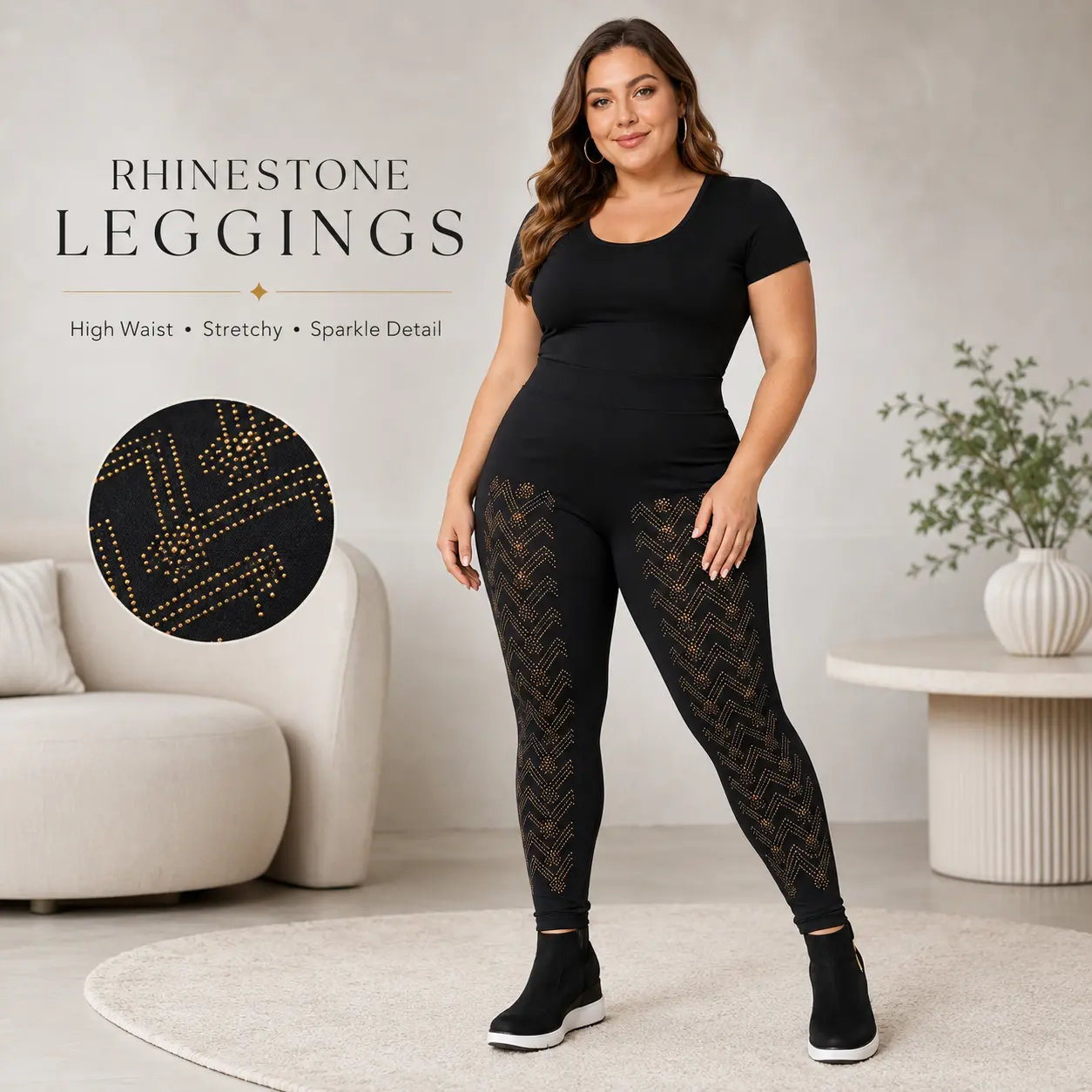 Women’s Rhinestone Leggings High Waisted Stretchy Black Sparkle Pants, Slim Fit Ankle Length Modal Leggings for Casual, Party, Night Out