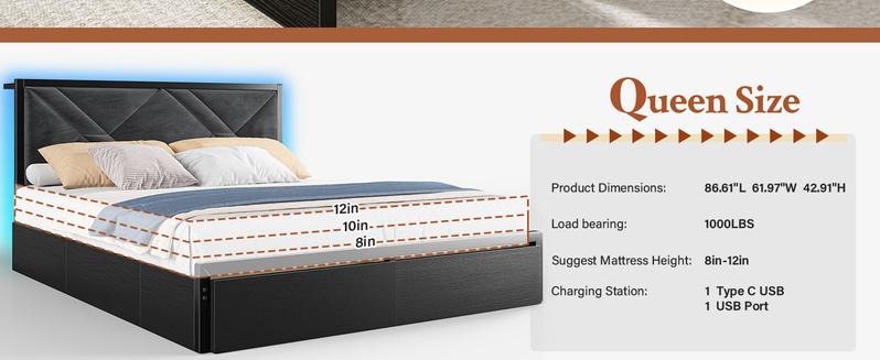 6 Drawers LED Bed Frame with Storage Shelf, Wood Luxury Platform Bed Frames with USB Port Charging Station & Upholstered Headboard for Queen, Full, Holds 1000lBS, No Box Spring Needed, Gray, Rustic Brown 6 Drawers LED Bed Frame with Storage Shelf, Wood Luxury Platform Bed Frames with USB Port Charging Station & Upholstered Headboard for Queen, Full, Holds 1000lBS, No Box Spring Needed, Gray, Rustic Brown