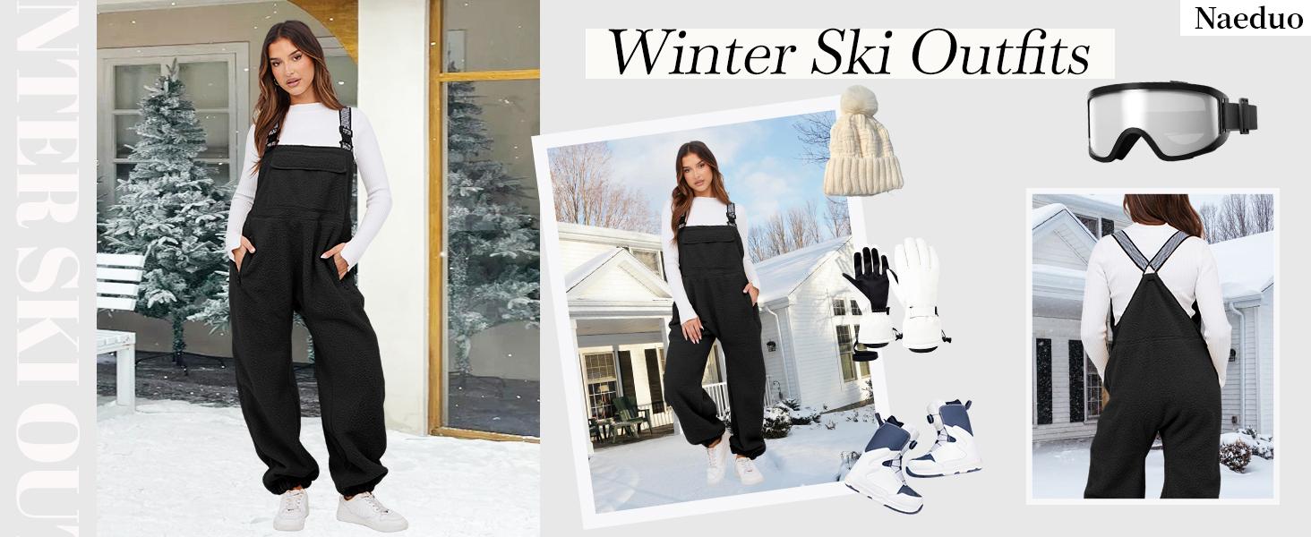 Naeduo Womens Fleece Overalls One-piece Bibs Jumpsuits Adjustable Suspender Straps Warm Winter Fuzzy Ski Pants