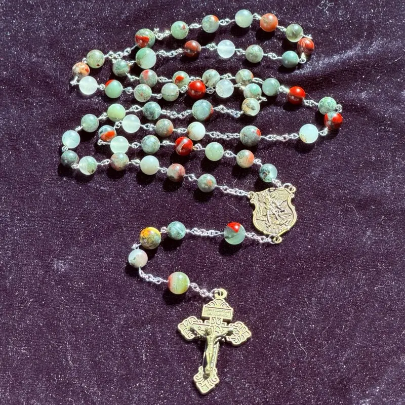 Crystal Rosary with African Bloodstone Beads and Brass Crucifix Charm for Spiritual Practices