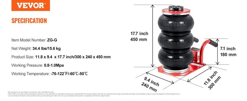 VEVOR Air Jack, TikTokShopBlackFriday, 3 Ton/6600 lbs Triple Bag Air Jack, Airbag Jack with Six Steel Pipes, Lift up to 17.7 inch/450 mm, 3-5 s Fast Lifting Pneumatic Jack, with Side Handles for Car, Garage, Repair