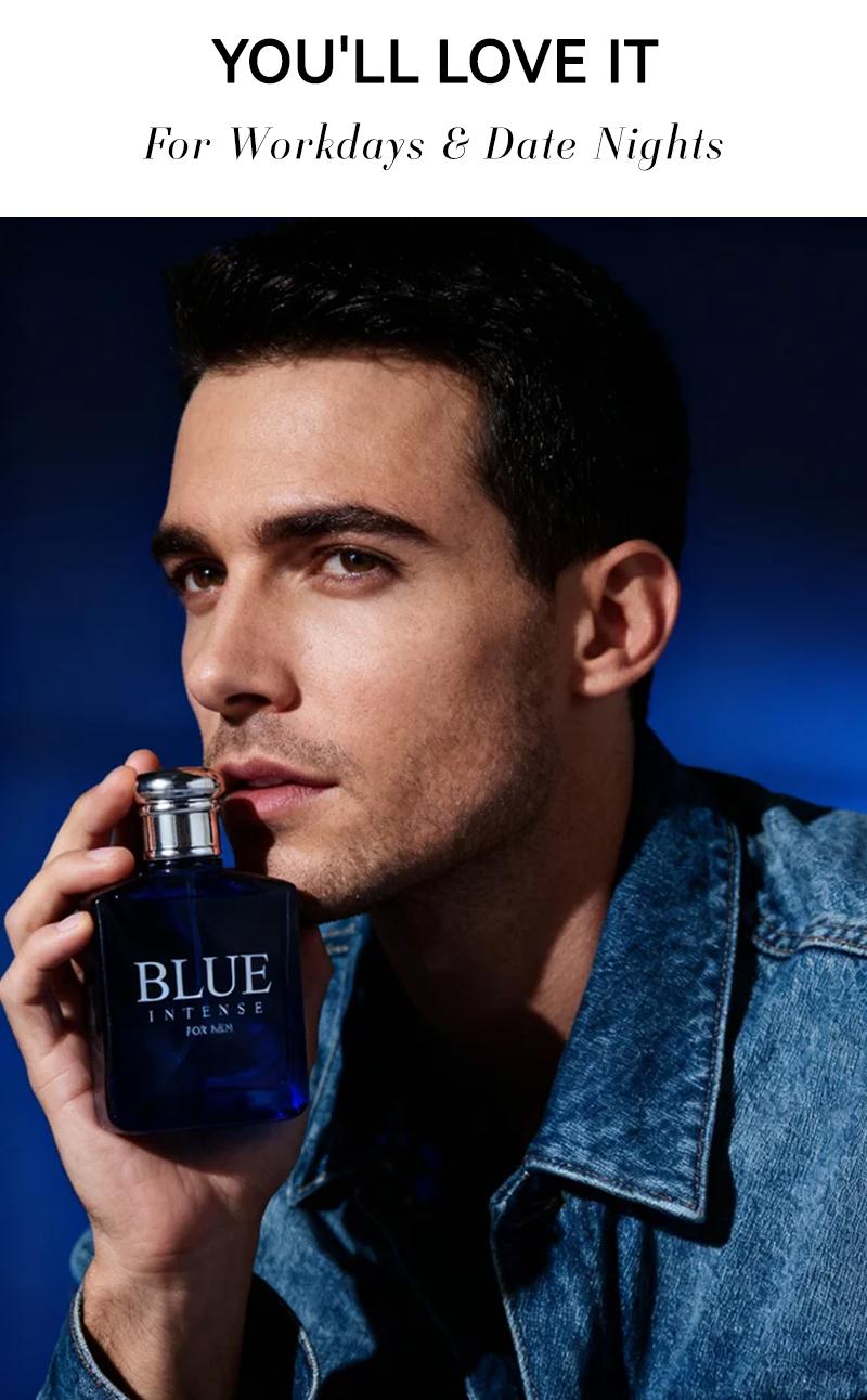 Blue Intense for Men Modern Masculine Eau De Toilette Spray 3.4 Fl Oz Aquatic Fresh Cologne with Citrus Sage Suede Cucumber Muskmelon Tangerine Fragrances Long Lasting