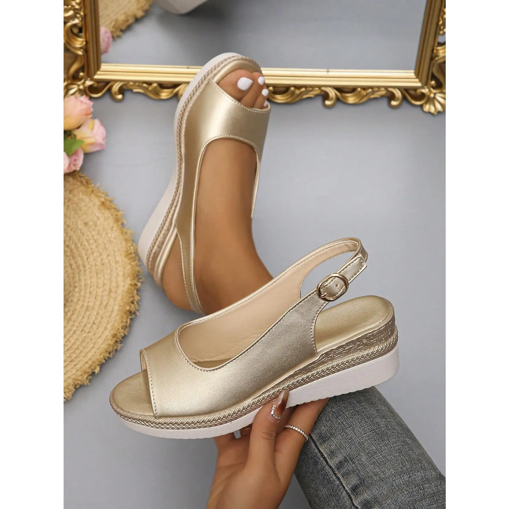 Women's Gold Basic Wedge Heel Sandals - Casual Synthetic Peep-Toe Slingbacks, Thick-Soled 3-5 cm Mid Heel