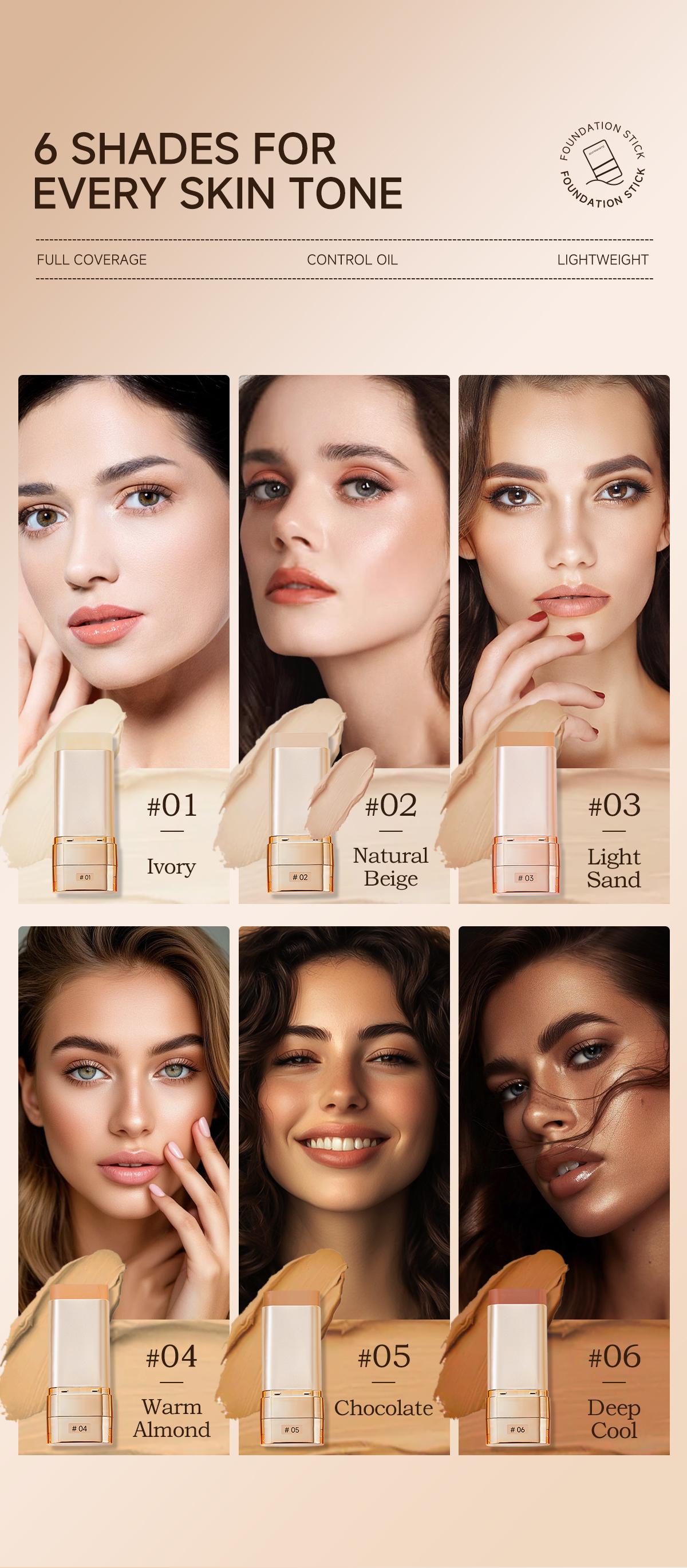 QIANWHITE Luminous Dual-Ended Concealer Foundation Stick with Built-in Brushes Complimentary Puff 24H Long-Lasting Waterproof Sweatproof One-Swipe Even Flawless Base Clear Radiant Skin Foundation Stick