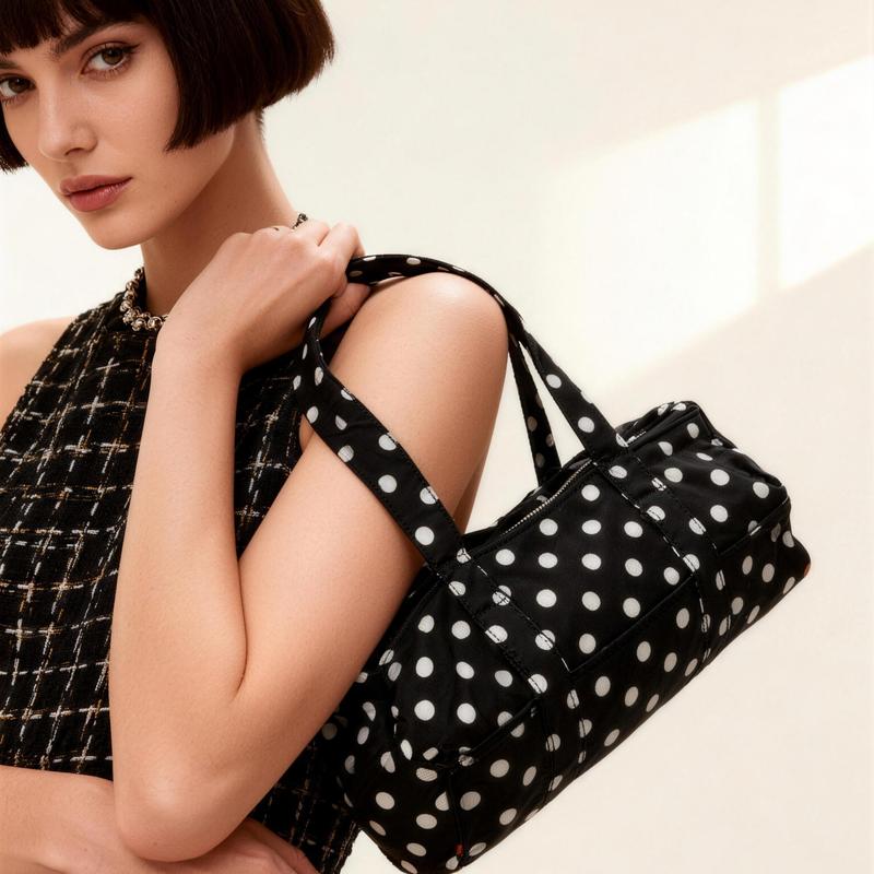 Cute Black & White Polka Dot Tote Bag Spacious Shoulder Bag for Women, Y2K Retro Daily Purse, Versatile Travel & Shopping Tote