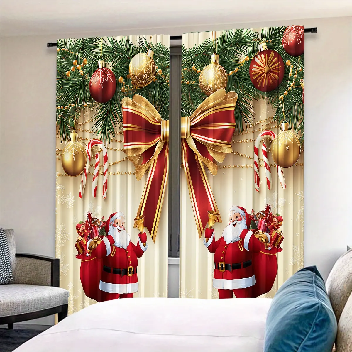 Christmas Decoration Theme Polyester Material, HD Digital Print Filtering Curtains, Suitable for Bedroom Living Room Office Home Decor Window Curtain, Curtain for Windows, Window Drapes