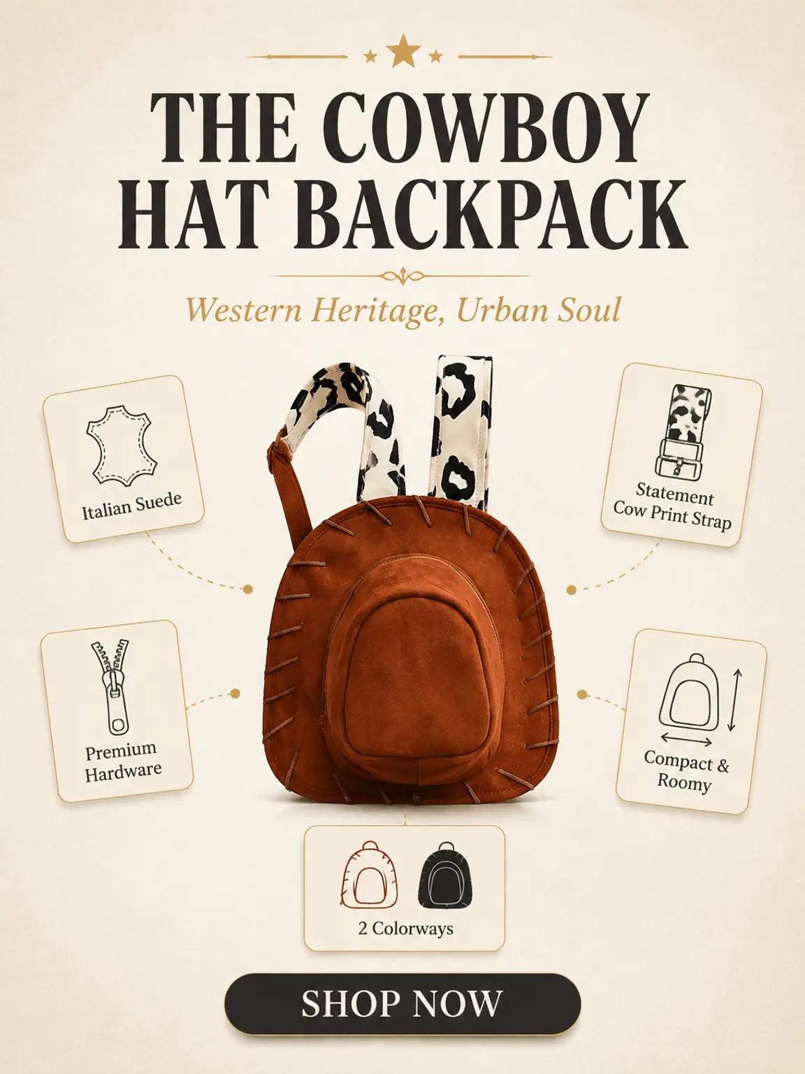 The Cowboy Hat Backpack - Western Heritage Urban Soul Italian Suede Premium Hardware Compact Roomy 2 Colorways