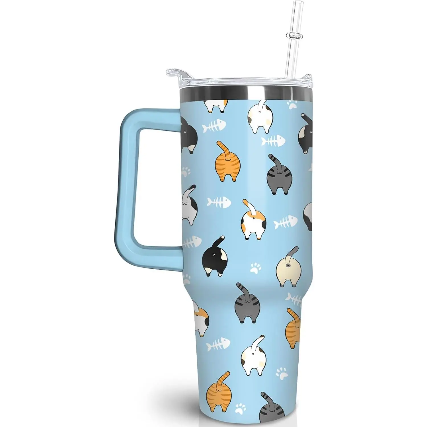 30 oz Double Wall Stainless Steel Vacuum Insulated Cup - Reusable Cat Mug, Portable Kitchenware Drinkware with Handle, Straw, Lid, PA Coffee Cup for Cat Lovers, Father's Day Birthday Gift