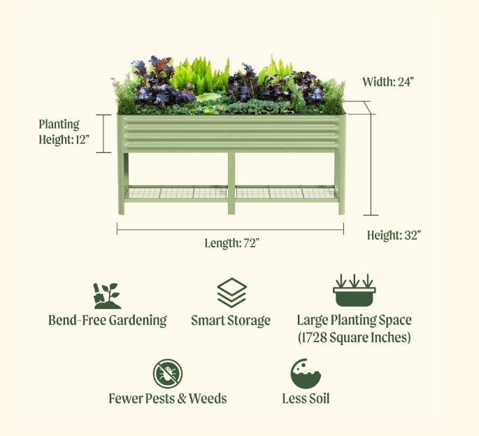 Vego Garden Rolling Elevated Raised Garden Bed V Series with Lockable Wheels & Storage Rack for Patio Porch 700 Lbs Capacity Outdoor Planter Box for Vegetables Flowers Herbs Heavy Duty Olive Green