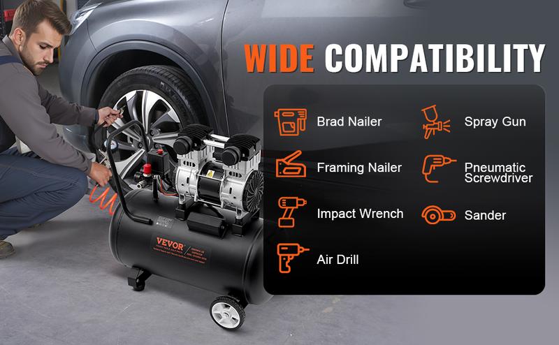 VEVOR Air Compressor Compact Portable Oil Free, TikTokShopBlackFriday, Max. 15 Gallon Steel Tank, 2HP 5.3 CFM@90 PSI Oil Free Air Compressor & Max. 125PSI Pressure, 78dB Ultra Quiet Portable Compressor, for Auto Repair