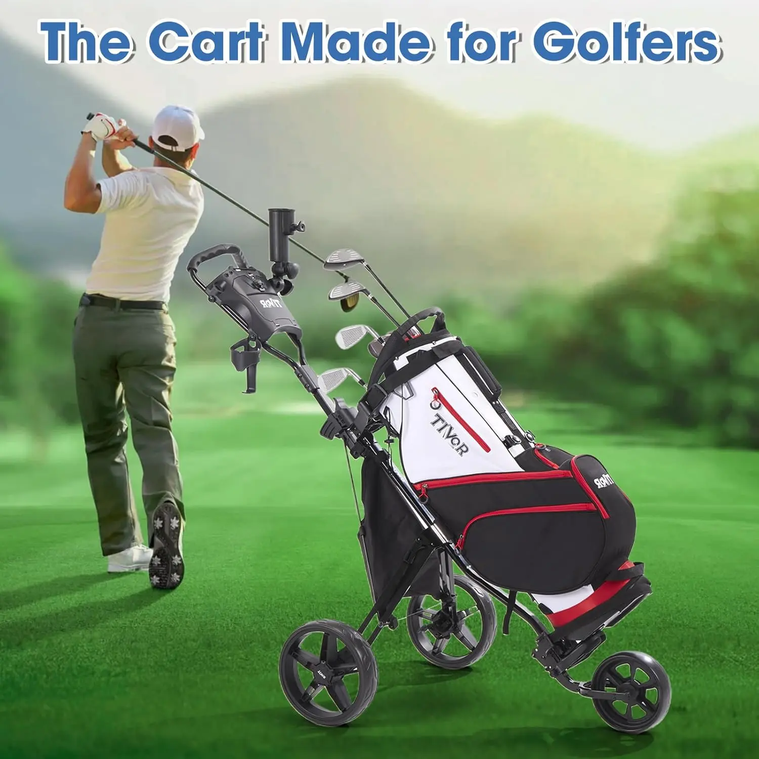 Tivor 3-Wheel Golf Push Cart – Lightweight, Compact Quad-Fold
