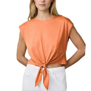 MaLinfandor Women's Summer Tank Top Crew Neck Cap Sleeve Tie Front Ruched Crop Tee Soft Breathable Fashionable for Beach & Daily Wear