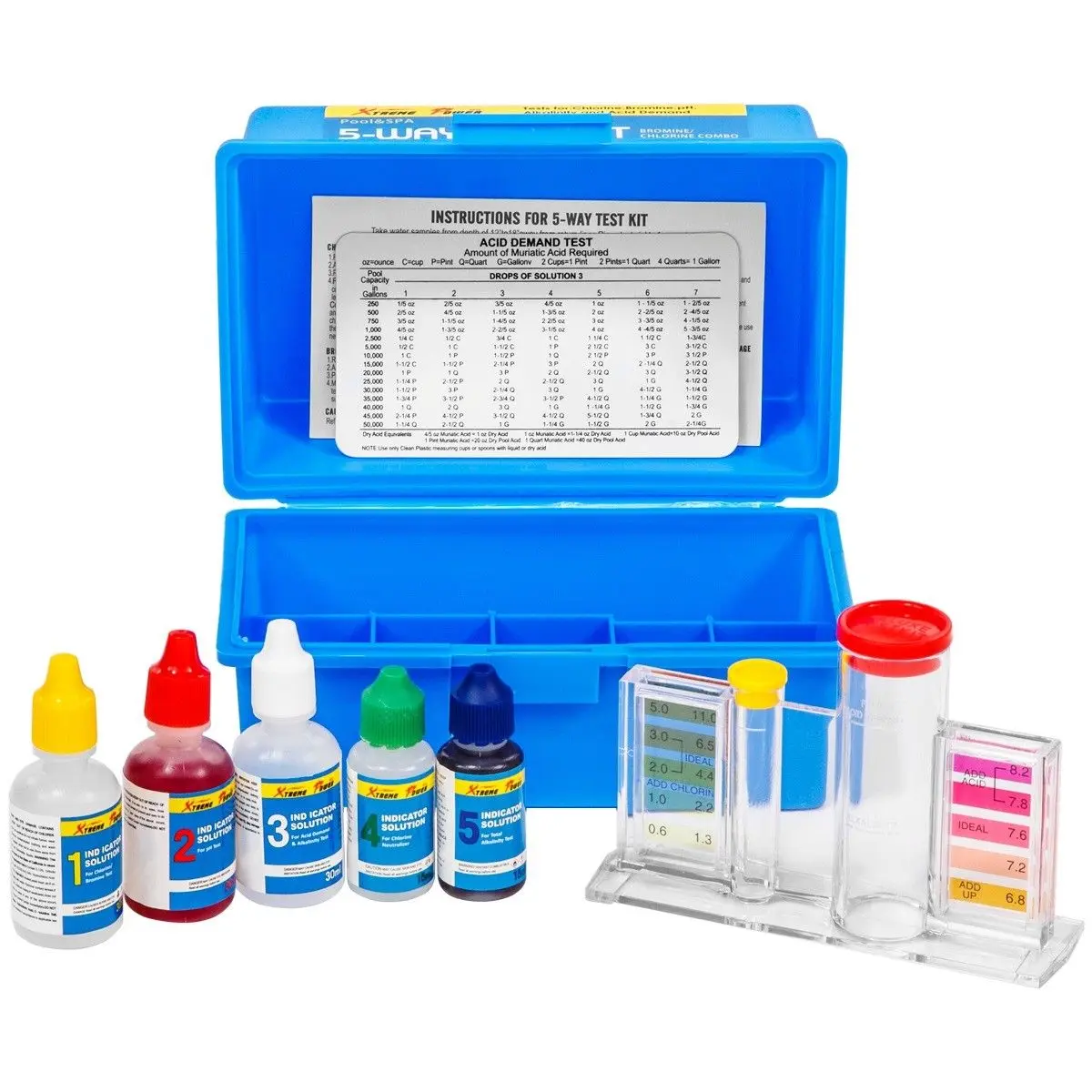 XtremepowerUS 5-Way DIY Swimming Pool & Spa Water Chemical Tester - Tests Chlorine/Bromine, Alkalinity/PH, Acid Demand with Accurate Color Chart