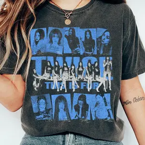 Twice This Is For Once Aesthetic T Shirt, Trendy Kpop Girl Group Graphic Tee, Retro Blue Portrait Collage Top, Vintage Style Music Fan Gift Apparel