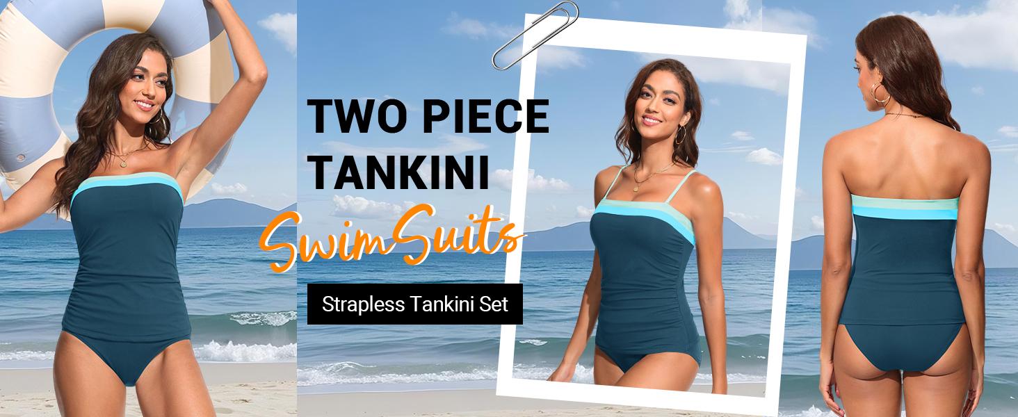 Daci Bandeau Tankini Swimsuits for Women - Two Piece Ruched Tummy Control Bathing Suit Strapless Swimwear with Bottom