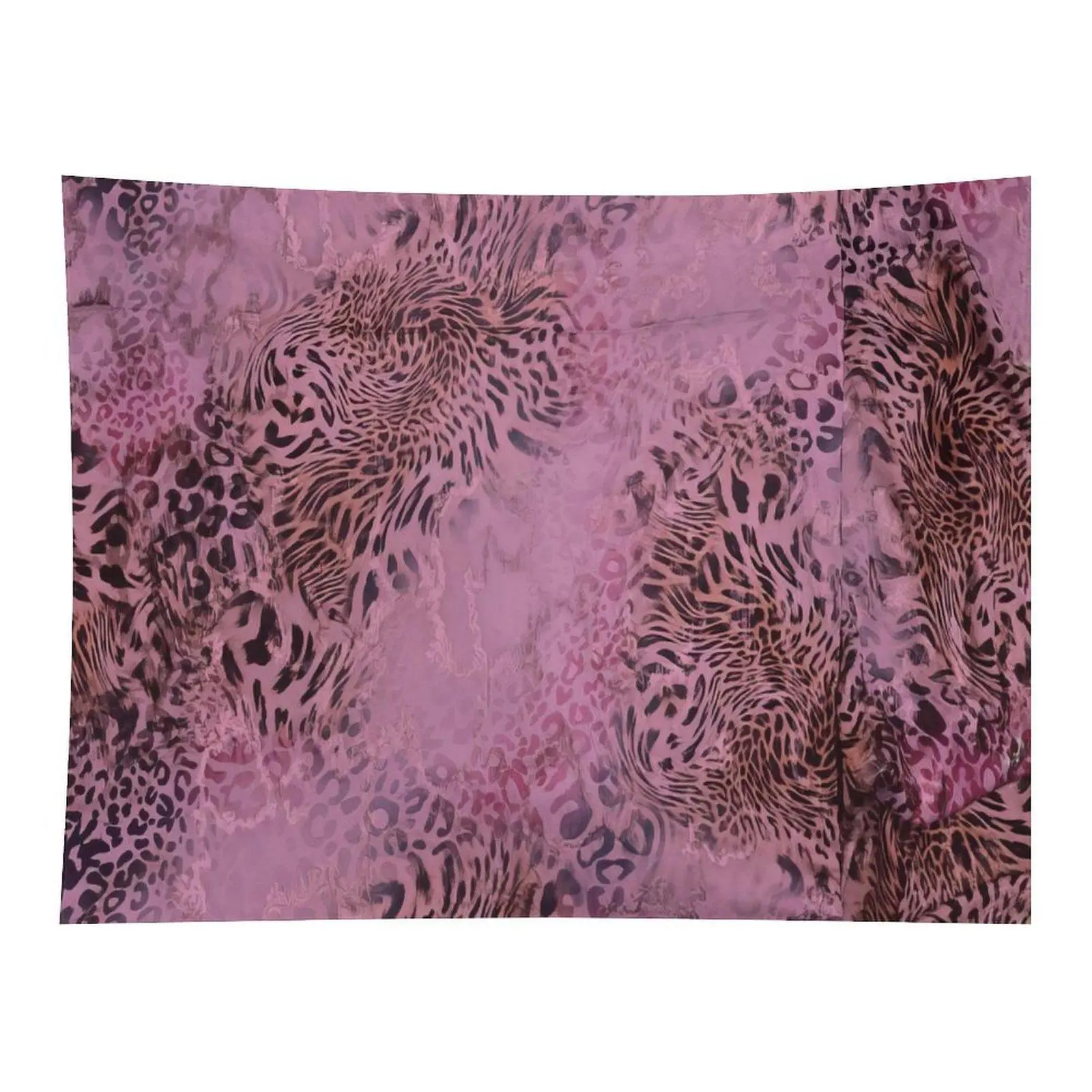 Vintage Distressed Animal Print Fabric Tapestry - Mixed Pink Leopard-Zebra Patchwork Texture, Room Decor, Bedroom Decor Ideas for Home Background Accents