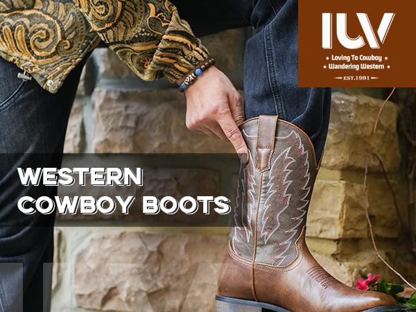 IUV Cowboy Boots For Men With Square Toe Retro Western Boots With Embroidered, Slip Resistant,Chunky Heel Ankle boots,Comfortable Shoes,Footwear Walking shoes