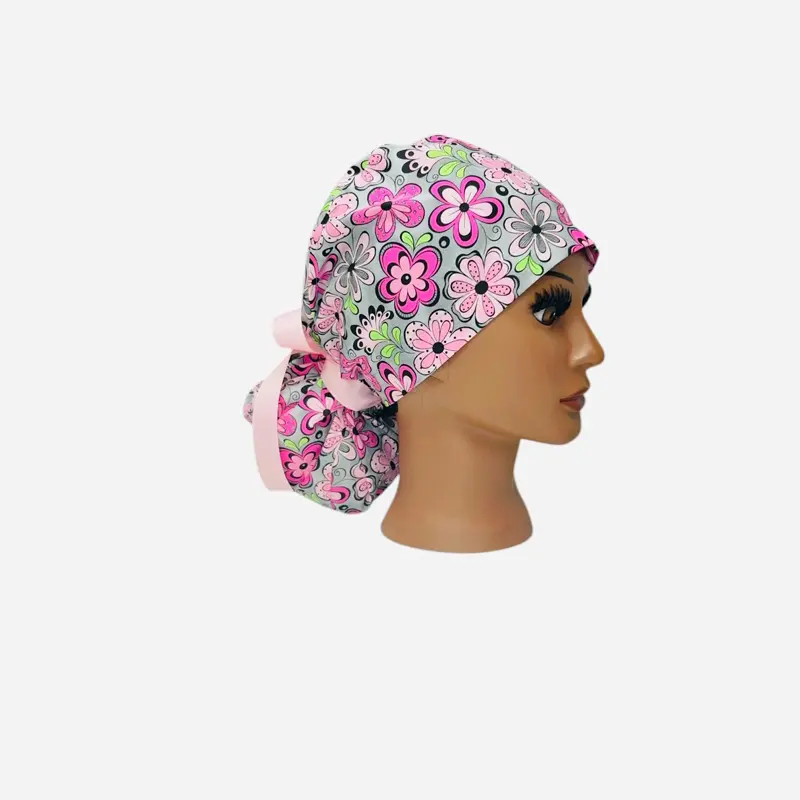 Surgical Scrub Cap with Ponytail Pouch for Long Hair Nurse Uniform Hat for Operating Room Surgeon Cap - Pink Floral Print