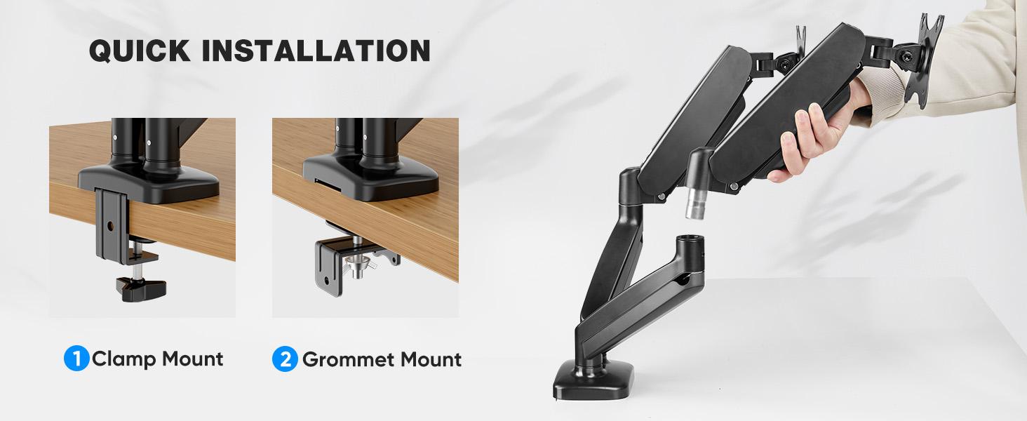 Monitor Stand - Adjustable Desk Mount Arm for 15 - 27  Inch Monitors, Supports up to 17.6lbs, Heavy Duty Screen Mount with Gas Spring, Clamp & Grommet Base, VESA Bracket 75/100 Compatible