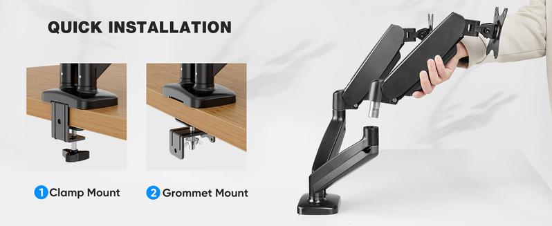 Monitor Stand - Adjustable Desk Mount Arm for 15 - 27  Inch Monitors, Supports up to 17.6lbs, Heavy Duty Screen Mount with Gas Spring, Clamp & Grommet Base, VESA Bracket 75/100 Compatible