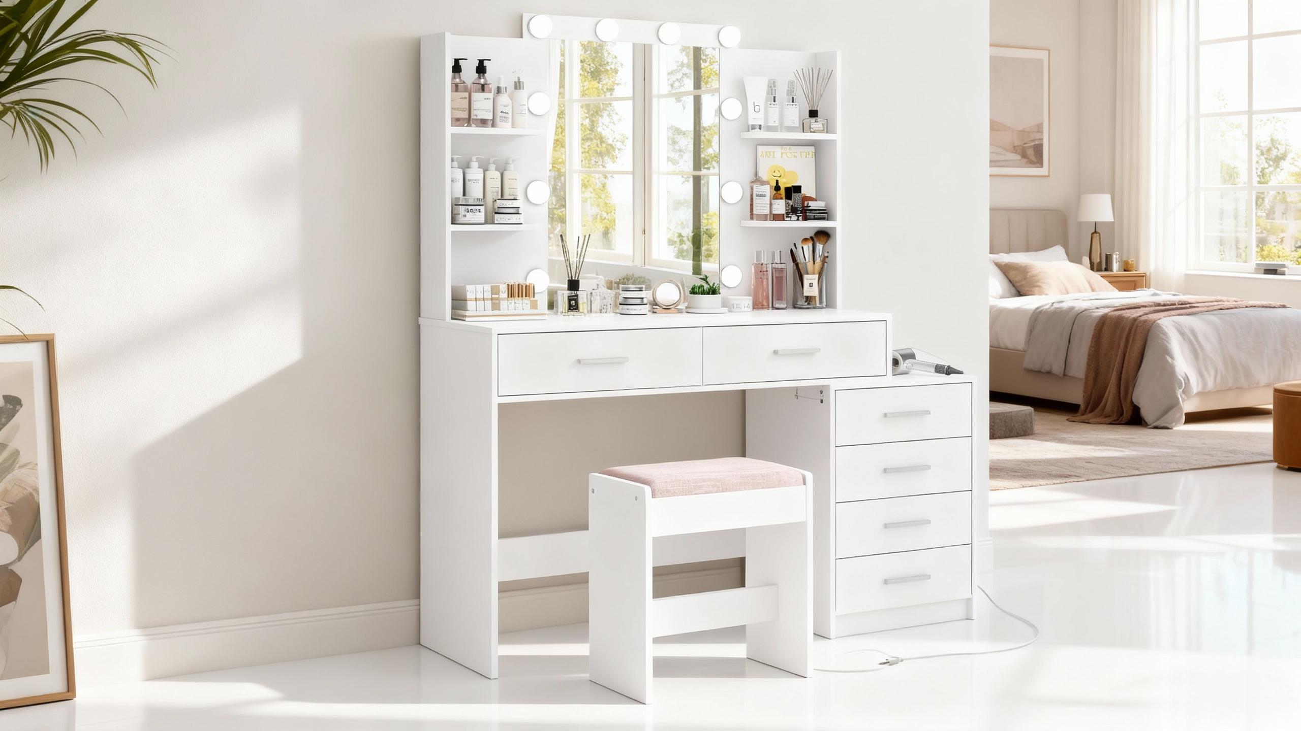 Modern White LED Lighted Vanity Desk - Makeup Dressing Desk with Mirror, Elegant Indoor Furniture with Spacious Storage for Bedroom Organization