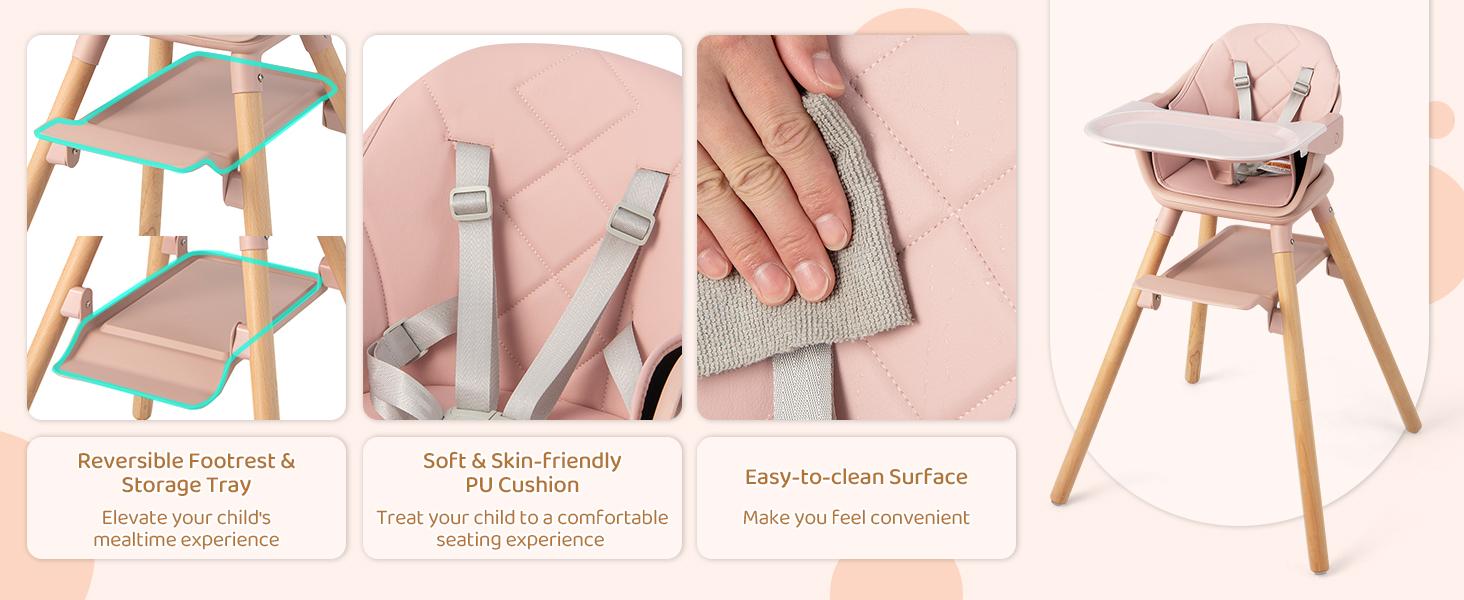 Costzon Baby High Chair, 6 in 1 Convertible Wooden High Chair for Babies & Toddlers with Adjustable Legs,, Safety Harness & Waterproof PU Cushion