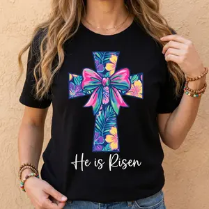 Cotton Casual Round Neck Short Sleeve Summer T Shirt Featuring Vibrant Cross and Bow Design with He Is Risen Printed Graphic Machine Washable Comfortable Daily Wear