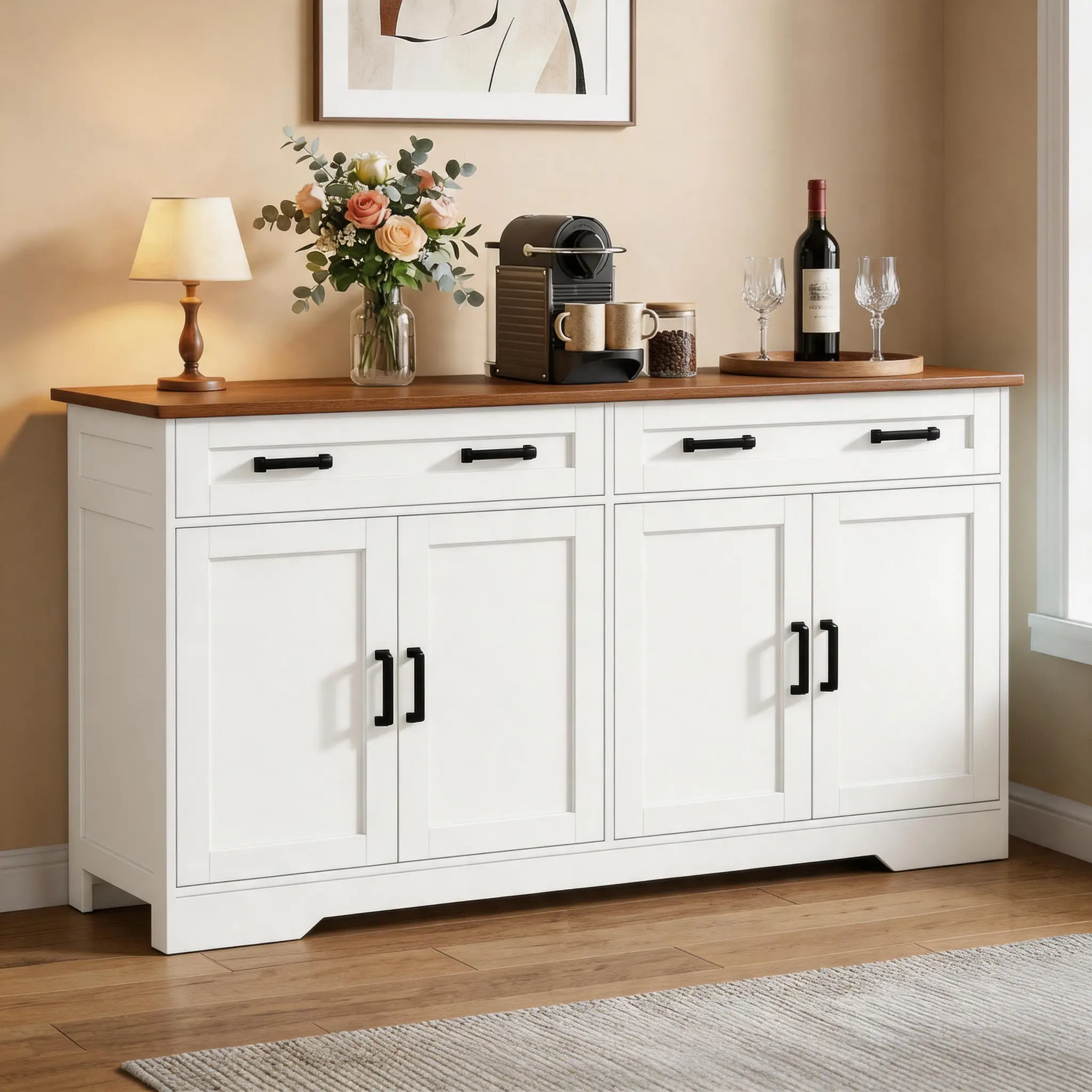 Fabiula Summergarden Collection Modern Farmhouse Freestanding Cupboard - Sturdy Wood Multifunctional Storage Cabinet with 4 Barn Doors, Accent Sideboard for Kitchen, Living Room, Farmhouse Cupboard, Freestanding Cabinet