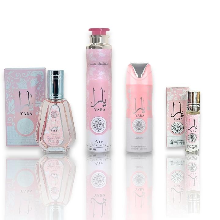 Lattafa Perfumes | 4pc Yara Set | Yara 50 ml + Yara Air Freshener 300 ml + Yara Body Spray 200 ml + Yara oil 10 ml | Women's Fragrance | Orchid - Gourmand Accord & Vanilla