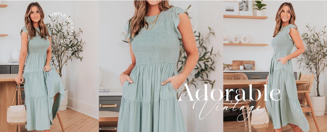 ZESICA Women's 2026 Summer Casual Flutter Short Sleeve Crew Neck Smocked Elastic Waist Tiered Midi Dress