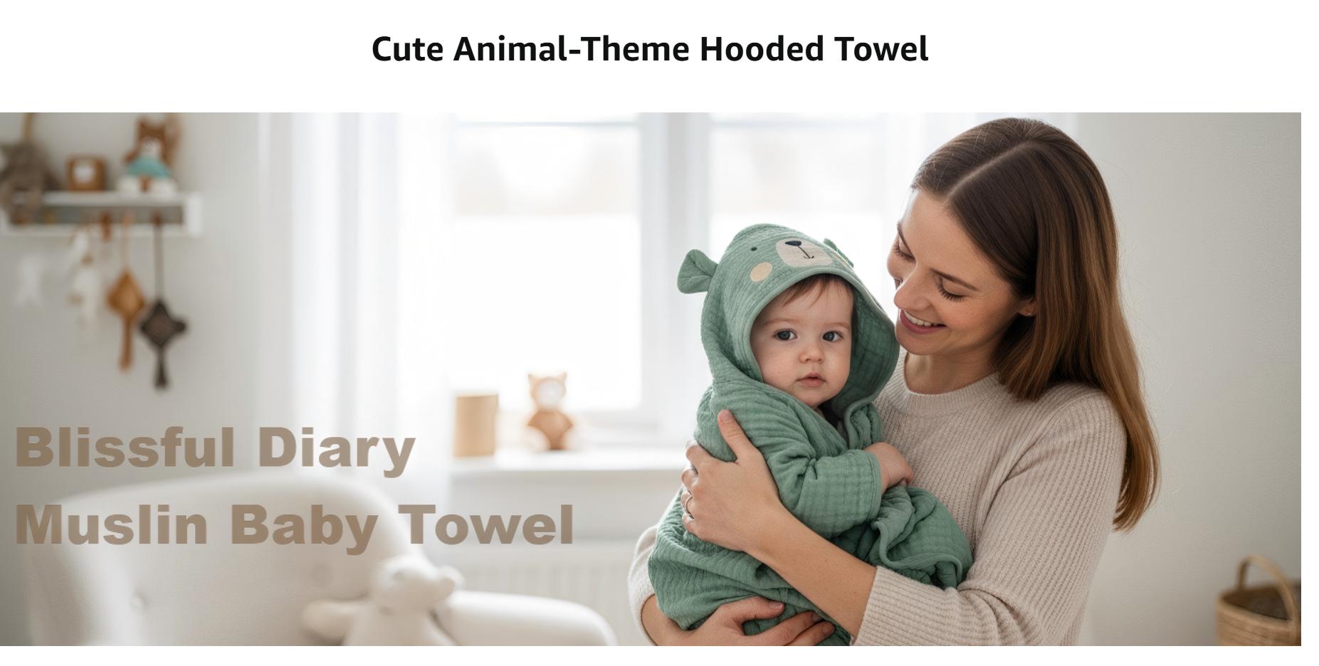 Blissful Diary Muslin Baby Hooded Towel 2 Pack, Soft & Absorbent Bath Towel for Infant, Toddler, Unisex, Baby Gift, Newborn Essentials, Bear & Lamb