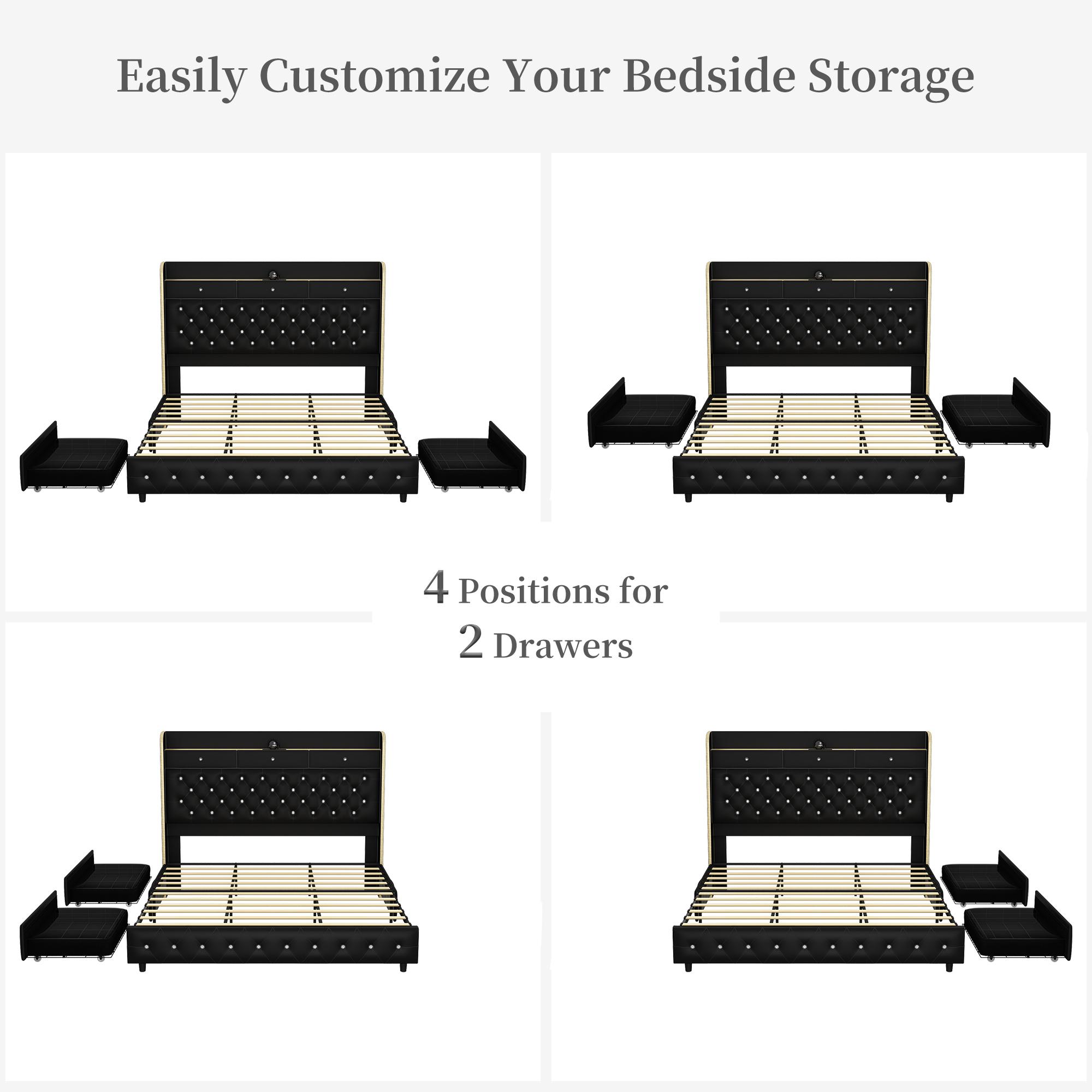 Modern Queen LED Bed Frame with Galaxy Aurora Projector, 52" Upholstered Headboard with Charging Ports, 2 Storage Drawers, Noise-Free Platform, No Box Spring Needed – White / Black / Gray PU Leather