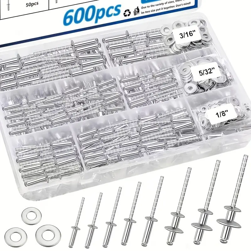 600 Piece Aluminum Rivet Set with Washers, 8 Sizes, Ideal for Metal, Furniture, Cars, DIY Projects, Corrosion Resistant, Structural Reinforcement, Heavy Duty Fastening