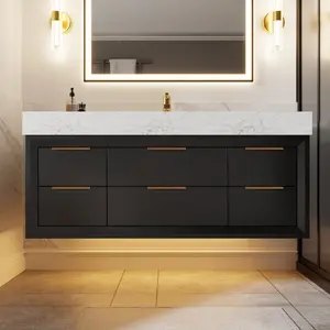 Glam 48 Inch Bathroom Vanity with Top - Modern Floating Black Rubberwood Cabinet with Lights and Stone Slab Countertop, Single Sinks