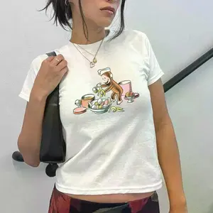 Cute Curious Monkey Vintage Cartoon T-Shirt, 90s Nostalgia Graphic Tee, Soft Girl Aesthetic Baby Tee