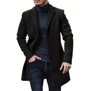 Men's Duster Slim-Fit Notched Lapel Single Breasted Coat Winter Thermal Cotton Business Large Coat Coat