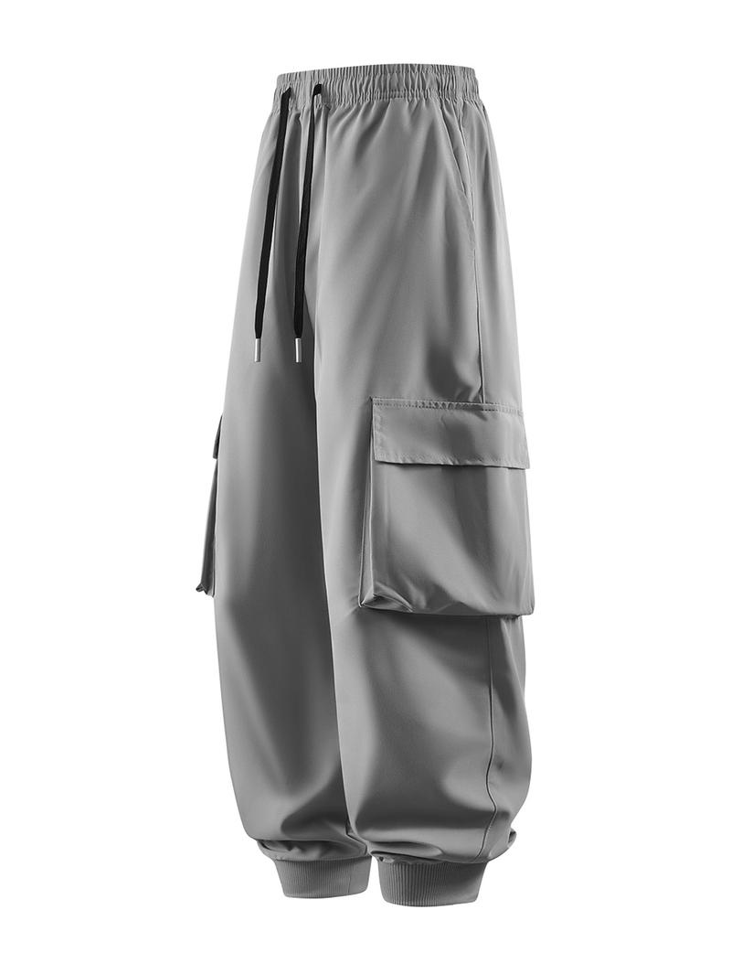 CCCMAI Men's Casual Solid Color Sports Pants, Casual Work Pants with Multiple Flap Pockets, Drawstring Waistband, Lightweight, Soft, Polyester, Outdoor Work Pants, Running Pants with Pockets, 100% Polyester Fiber, Non-Stretch Menswear