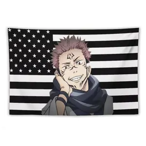Black USA Flag Polyester Tapestry - Jujutsu Kaisen Anime Funny Room Decor Merch, Home Backdrop Tapestry with Aesthetic Design summerwins