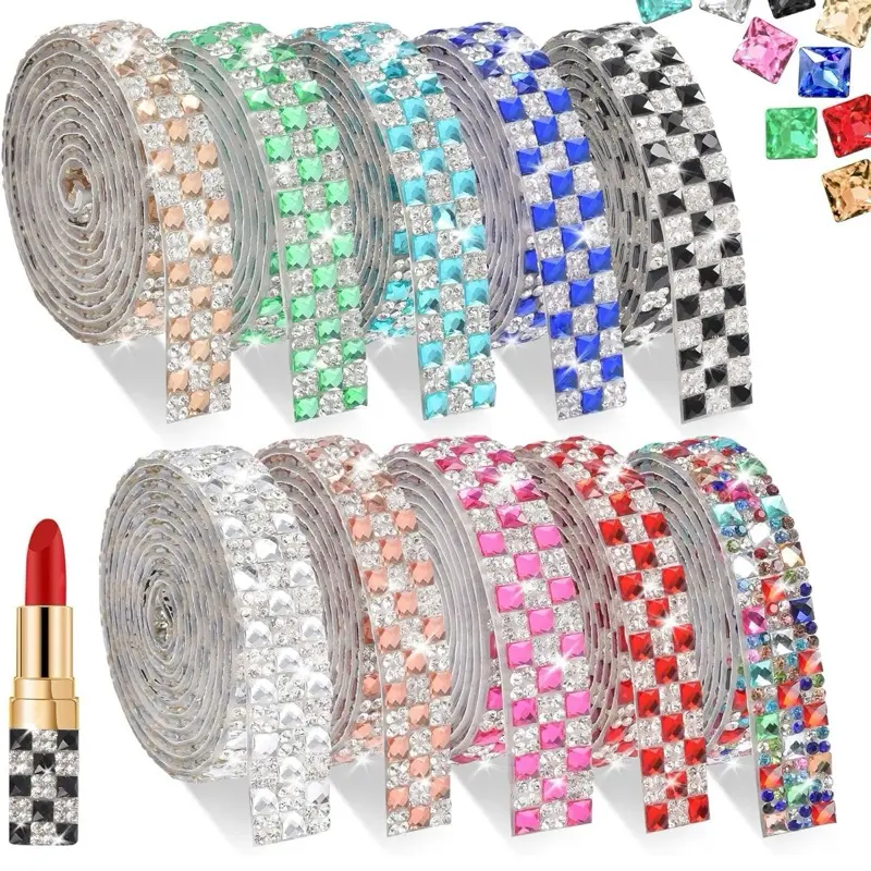 Self Adhesive Rhinestone Ribbon Strips - Adhesive Rhinestones with Round & Square Gems, Sewing Accessory for DIY Crafts, Home Decor, Wedding, Self Adhesive Rhinestones