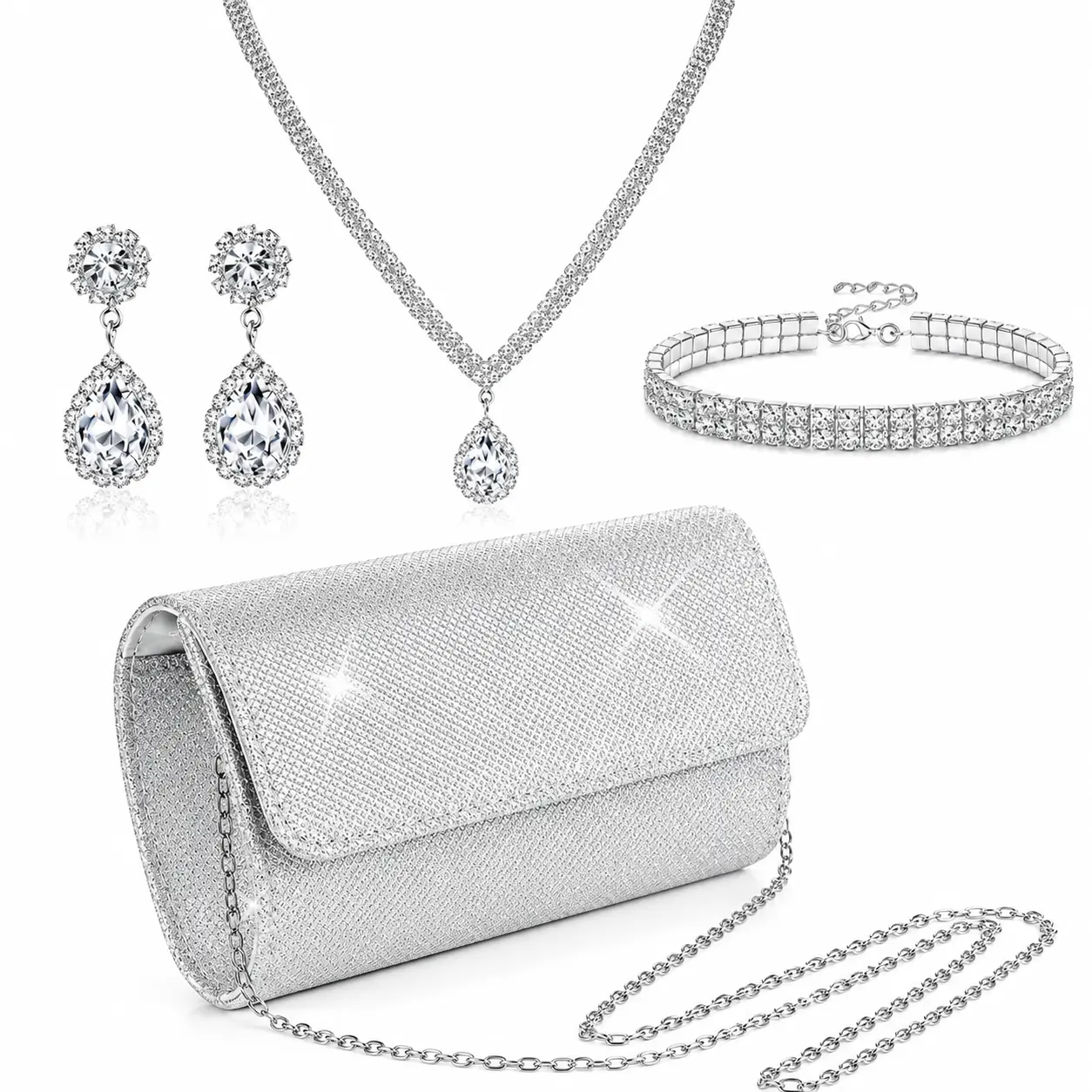 Women's 4-Piece Silver Clutch Purse & Costume Jewelry Set - Evening Rhinestone Purse, Crystal Necklace, Earring for Women, Bracelet; Lightweight Bridal Accessory