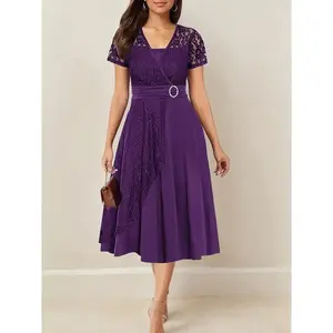 Elegance Purple V-Neck Midi Dress, Contrast Lace Detail, Asymmetrical Hem and Belt - Women's Short Sleeve Polyester Blend, Perfect for Parties and Formal Events Womenswear Workwear Basic Black Chic Elegant Minimalist Shortsleeve