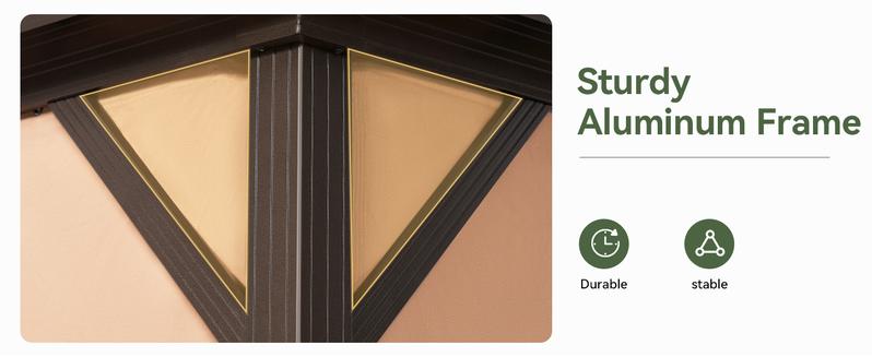 【Ships in 2 Packages】Aoxun 12'x10' Hardtop Gazebo, Aluminum Frame Permanent Pavilion with Curtains and Netting, Outdoor Polycarbonate Double Roof Canopy, Designed for Garden, Lawns, Patio, Brown