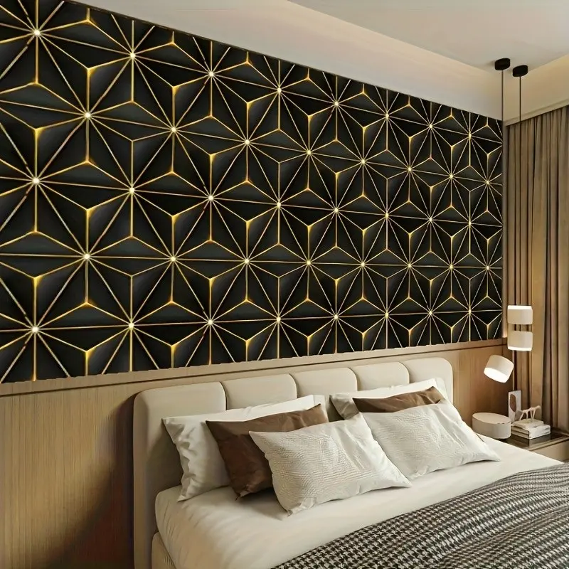 3D Gold Modern Geometric Waterproof Self-Adhesive Decorative Wallpaper, Removable Wall Decal, Living Room Bedroom Decor, Home Office Upgrade
