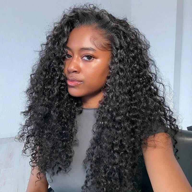 [3 IN 1 ] Deep Wave Half Human Hair Wig With Elastic Drawstring Brazilian Wear And Go Deep Wave Half Wigs  Seamless Flip Over With Adjustable For Women 180Density