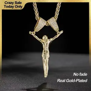 Holylegend 14K Real Gold-Plated Jesus Christ Pendant Necklace for Men and Women, 3D Christ Charm with Diamond Double-Lock Clasps, 24 inches Chain, Religious Gold Plated Jewelry Gift for Fashion Lovers