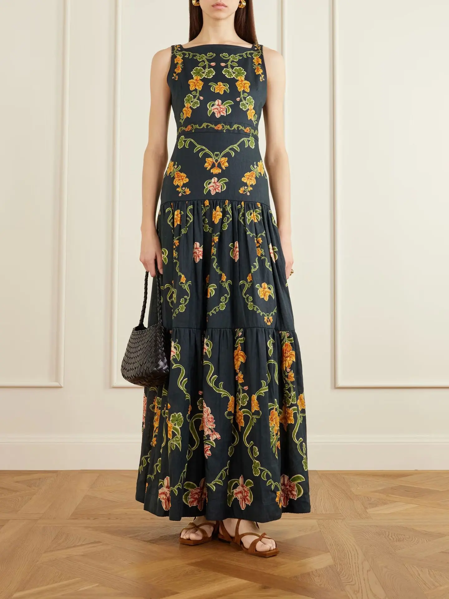 Women's Feminine Tiered Floral Linen Blend Maxi Dress - Sleeveless Breathable A-Line Long Dress with Vintage Flower Print for Summer Vacation, Everyday Casual Wear, Round Neck, Beach