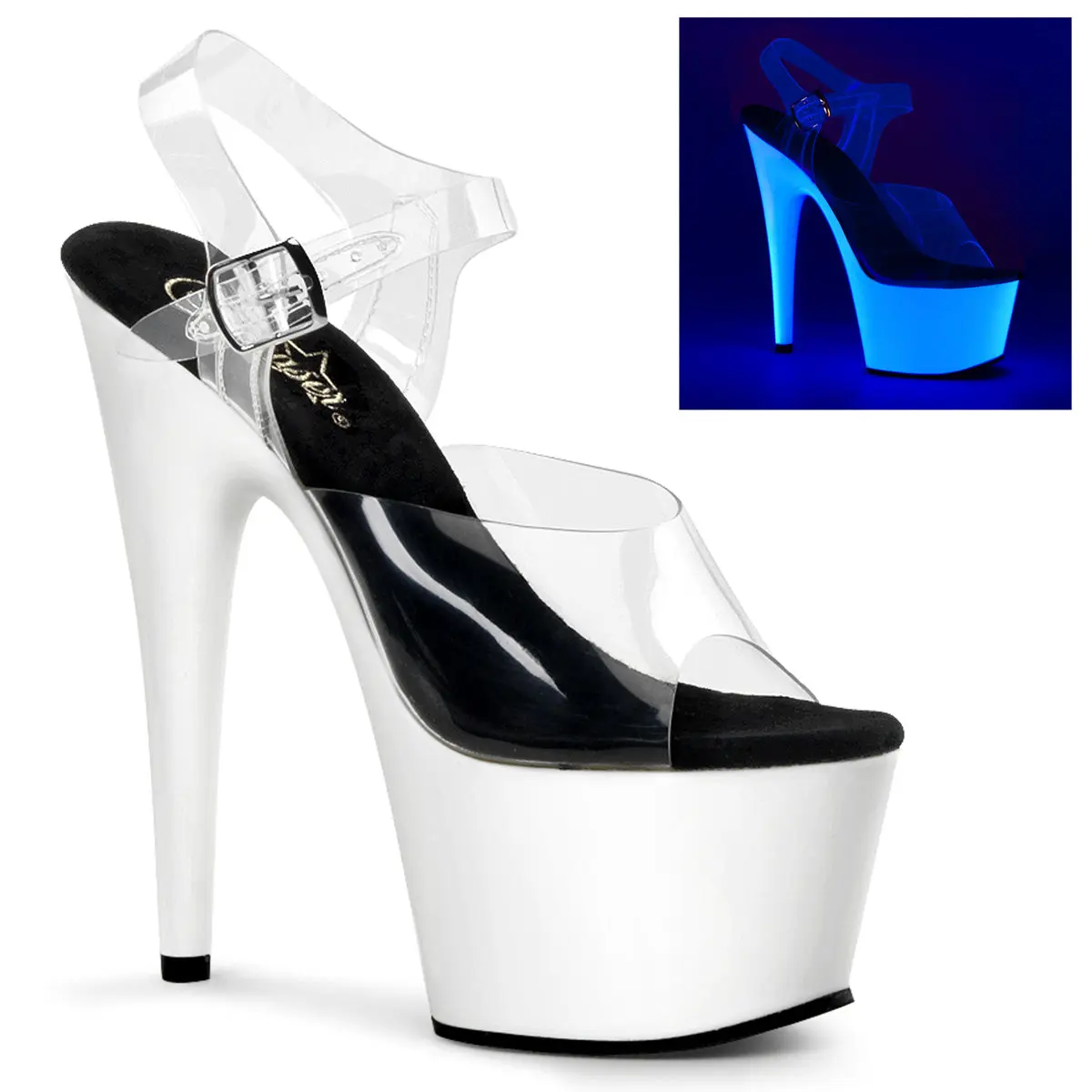 Pleaser Adore-708UV Women's High Heel Sandals - Unique Ankle Strap, Glow Effect, Stylish Vibrant Dazzling Fashion Footwear