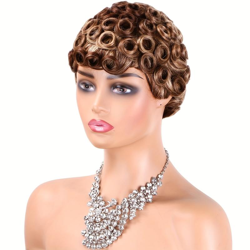 Women's 6" Short Curly Pixie Cut Human Hair Wig with Bangs - 180% Density Natural Brown/Blonde/Red/ - Machine-Made None Lace Front Wig Comfortable & Natural Look for Everyday Parties Formal Events - Easy Maintenance Short Hairstyle