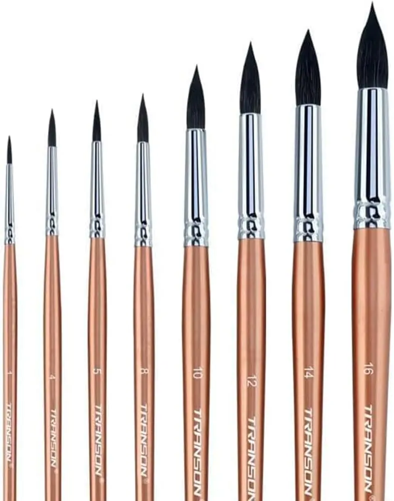 Transon 8pcs Round Watercolor Paint Brush Set Goat Hair for Watercolors Acrylics Inks Gouache Oil Tempera Professional Art Painting Tools