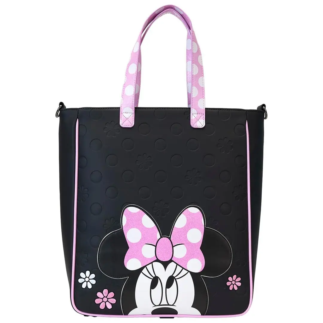Loungefly Disney Minnie Mouse Rock the Dots Floral Faux Leather Tote Bag with Zip Top and Coin Purse, Fashionable Casual Shopping Bag, Fashionable Unique Bags